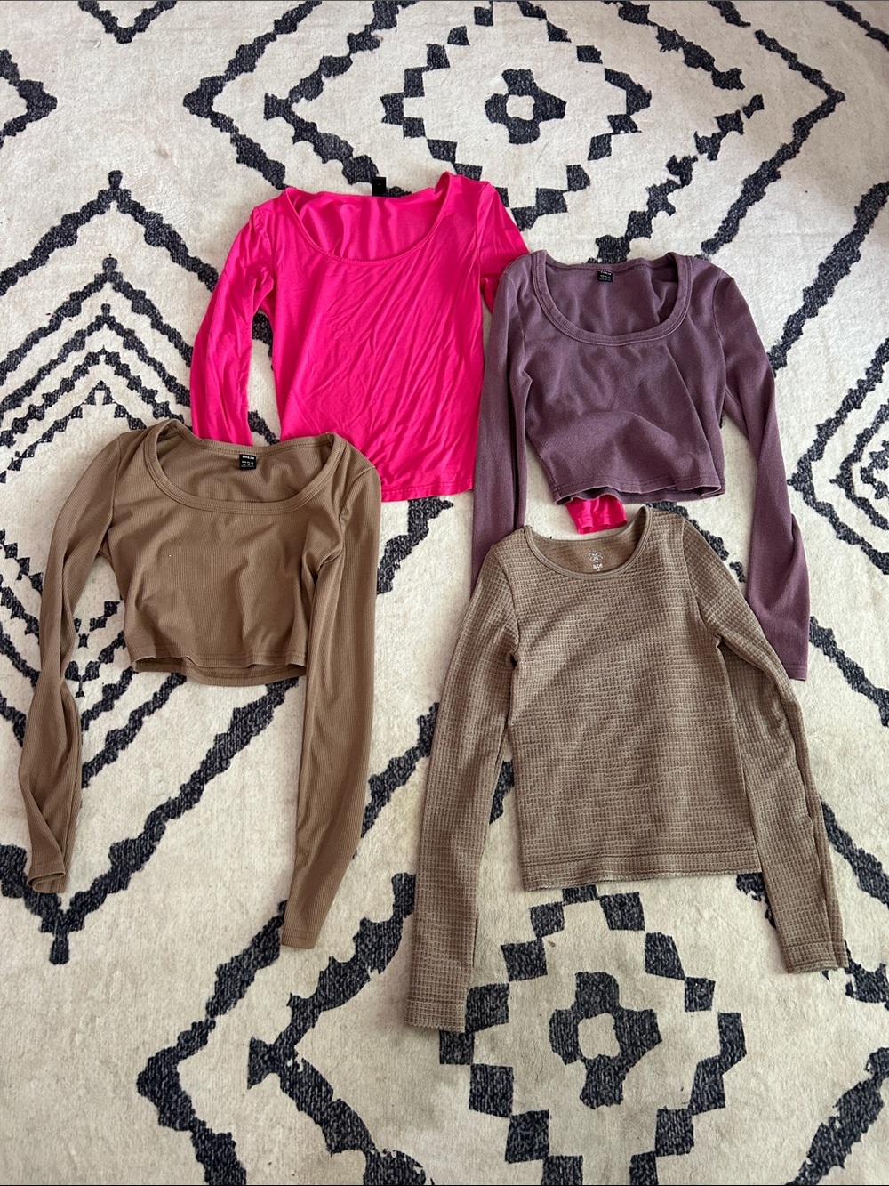 SHEIN Hot Pink & Brown Long Sleeve Scoop Neck Tops Set